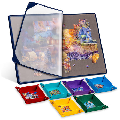 Tektalk Jigsaw Puzzle Board with 6 Color Sorting Trays - Portable Puzzle Mat with Non-Slip Surface, Dustproof Cover for Storage, Up to 1000 Pieces - Grey Tektalk