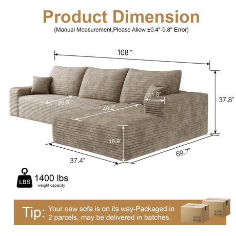 AUGOP 108" Sectional Couches for Living Room Modern Modular Sofa with L-Shape Couchs Upholstered Boneless Couch Deep Seat Sectional Couch with Chaise (Camel, Right Facing Chaise+2Seaters) AUGOP