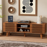 BVFUKA Mid Century Modern TV Stand for 55/60/65 inch TV, Entertainment Center with Sliding Door and Storage Shelves, TV and Media Consol for Living Room, Boho Wood Credenza for Living Room BVFUKA