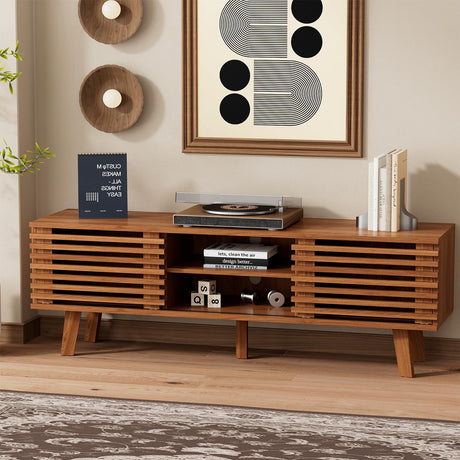 BVFUKA Mid Century Modern TV Stand for 55/60/65 inch TV, Entertainment Center with Sliding Door and Storage Shelves, TV and Media Consol for Living Room, Boho Wood Credenza for Living Room BVFUKA
