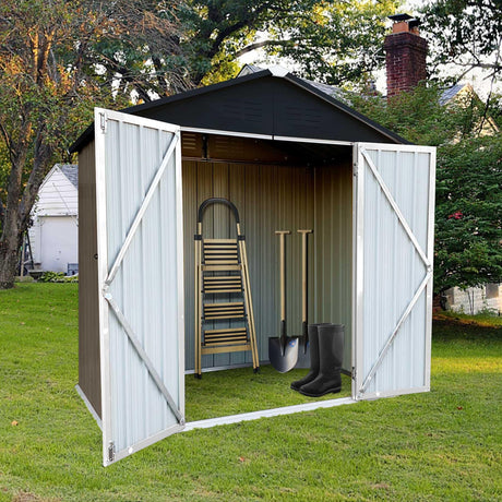 73” Outdoor Storage Cabinet with Lockable Door, 4FTx6FT Metal Storage Shed for Patio Garden, Apex Roof, Easy Assembly (Brown) Nahenduo