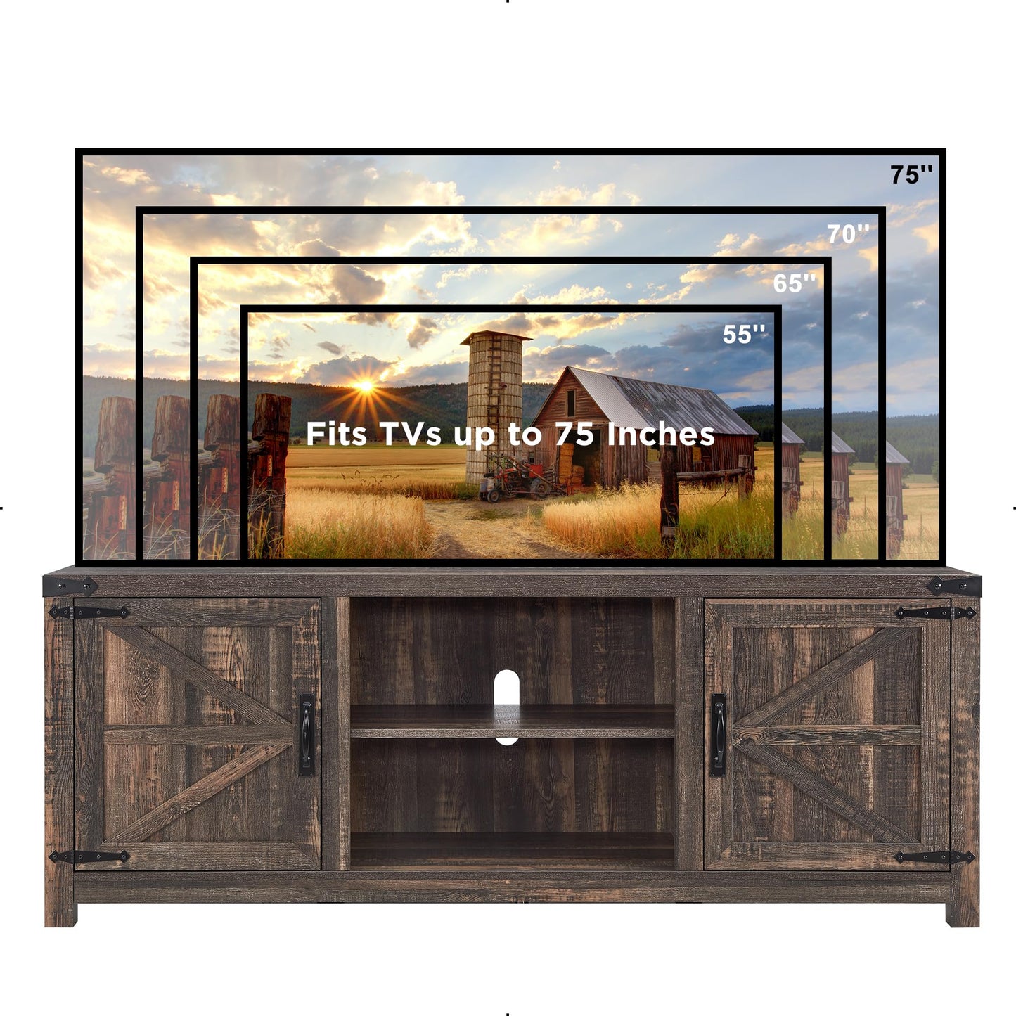 T4TREAM Farmhouse TV Stand for TVs Up to 75 inches, Wood Barn Door Media Television Console Table with Storage Cabinets, Easy Assembly Modern Entertainment Center for Living Room, Dark Rustic - WoodArtSupply