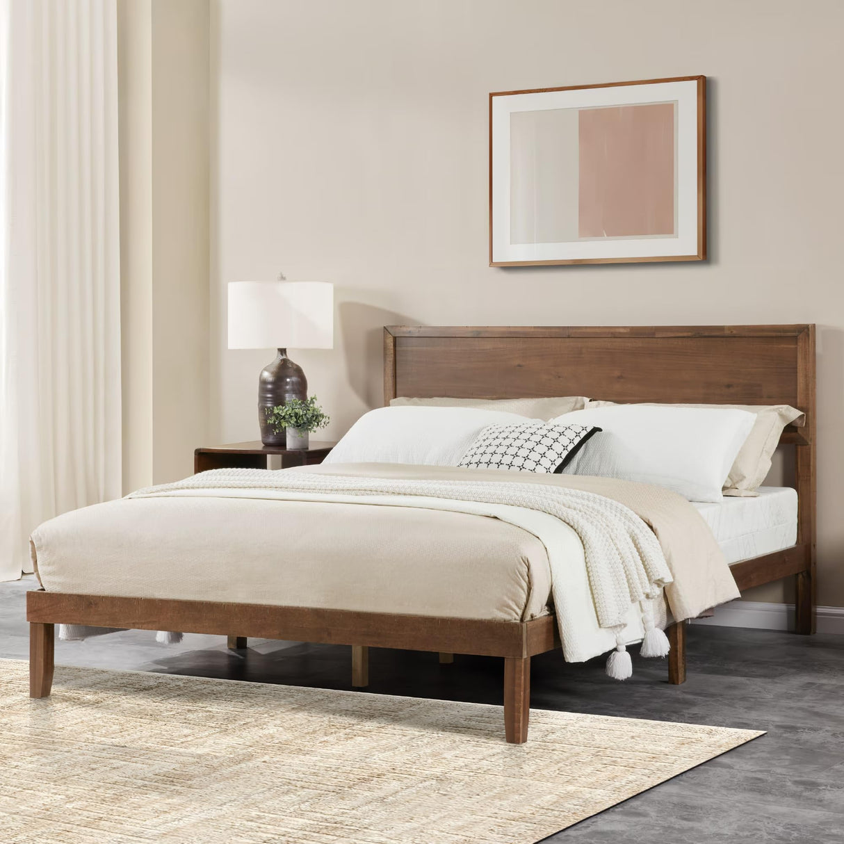 MT EDITION Wood Queen Size Bed Frame,Wooden Queen Platform Bed Frame with Headboard,Sturdy Rubber Modern Home Style Bed Frame for Bedroom (Queen) MT EDITION