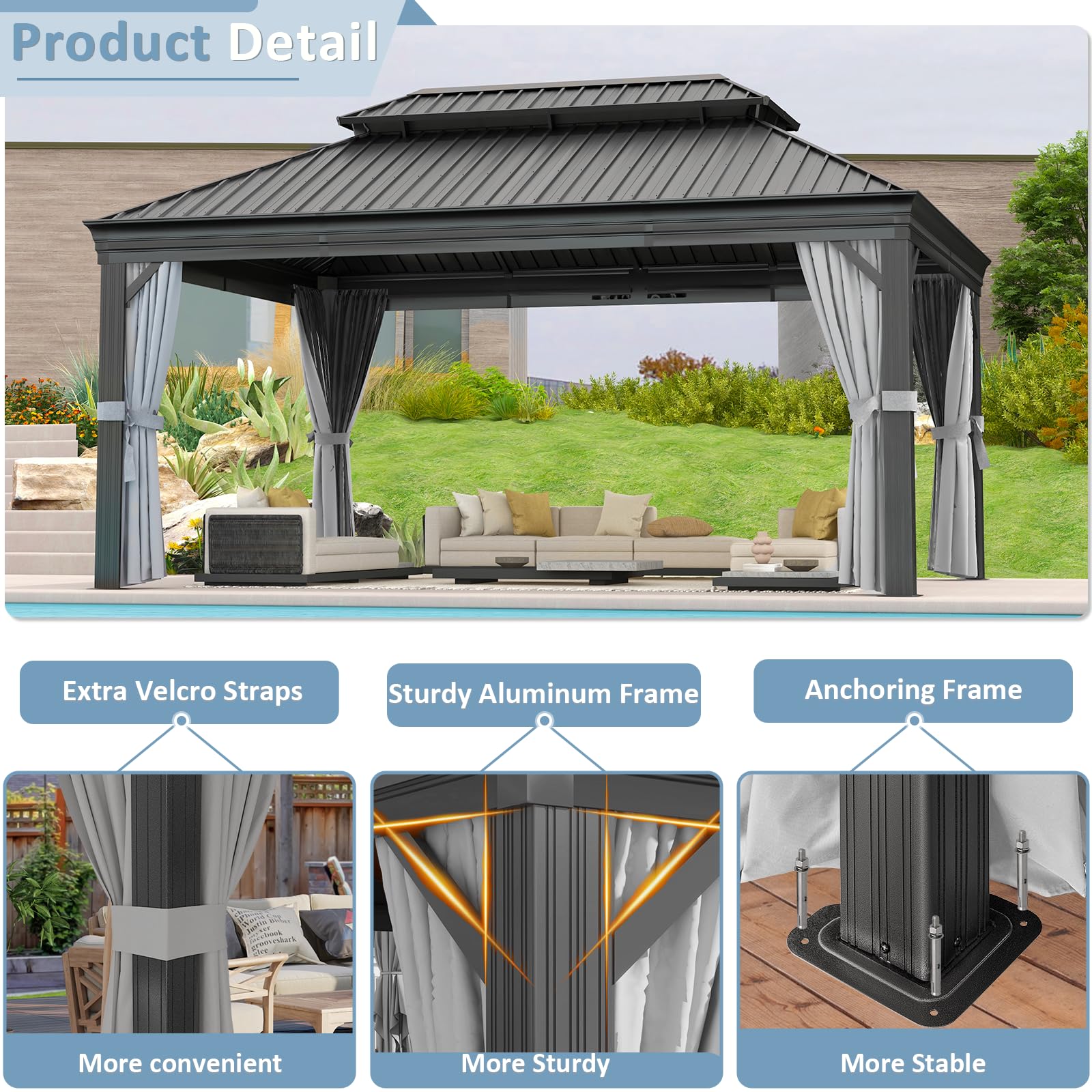 Aoxun 12' x 16' Permanent Hardtop Gazebo with Galvanized Steel Double Roof and Aluminum Frames Outdoor Large Pavilion Gazebo for Patio Deck Garden, Nettings and Curtains Included, Brown - WoodArtSupply