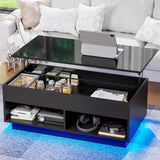 HOMMPA 40" Modern LED Coffee Table with Storage for Living Room, Lift Top Coffee Table with 2 Shelves, High Glossy Wooden Dining Table, Multifunctional Furniture for Bedroom Home Office, Black HOMMPA