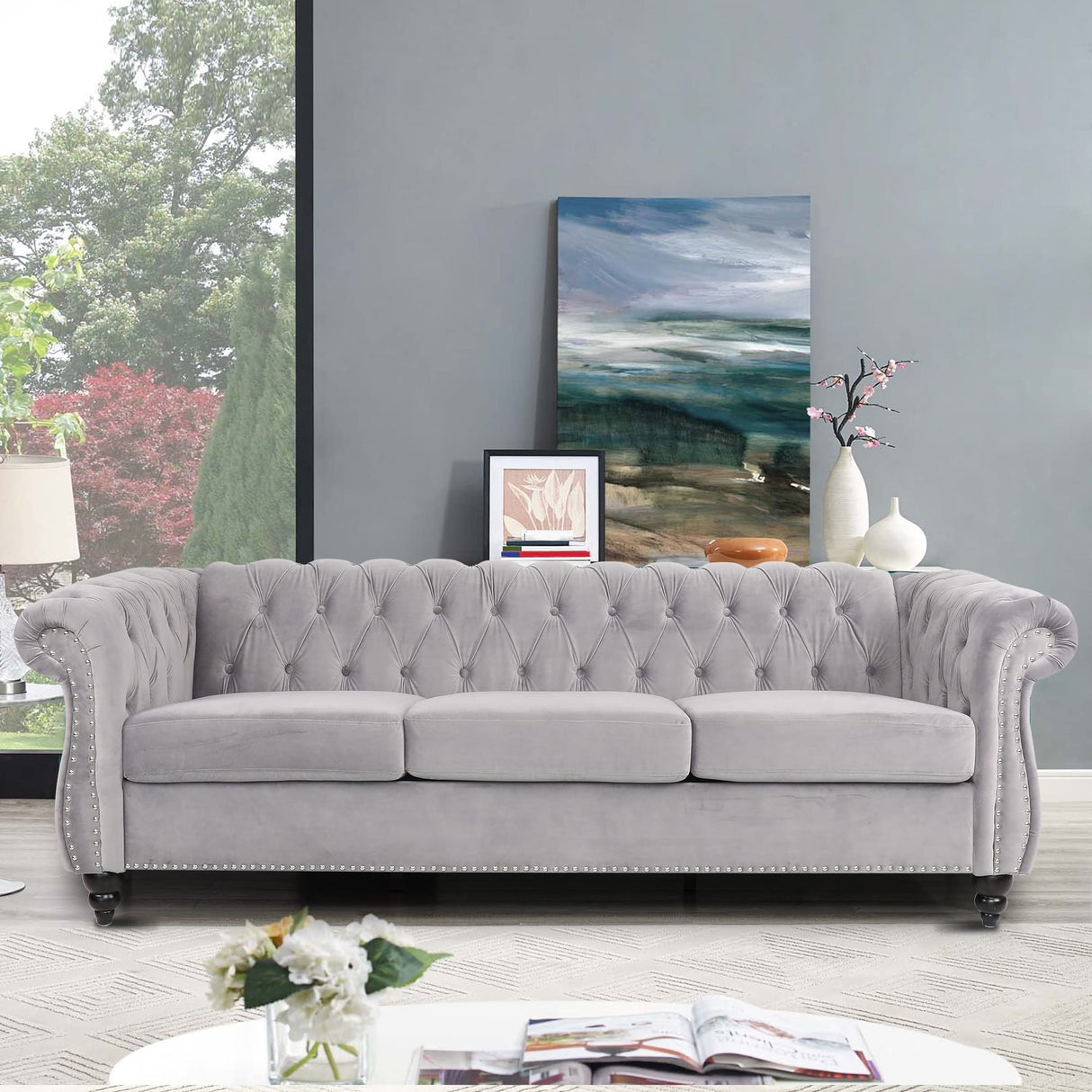 PHOYAL Large Sofa, Velvet Sofa Three-seat Sofa Classic Tufted Chesterfield Settee Couch Modern 3 Seater Couch Furniture Tufted Back for Living Room (Grey) PHOYAL