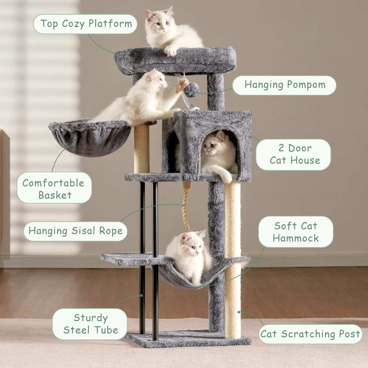 Gitelsnour Cat Tree, Cat Tower for Indoor Cats, 43.3 inch Cat Tree Tower with Sturdy Steel Tube, Cat Hammock, Cat Condo for Small Cats and Kittens, Cat Scratching Post, Smoky Gray GCT004SG Gitelsnour