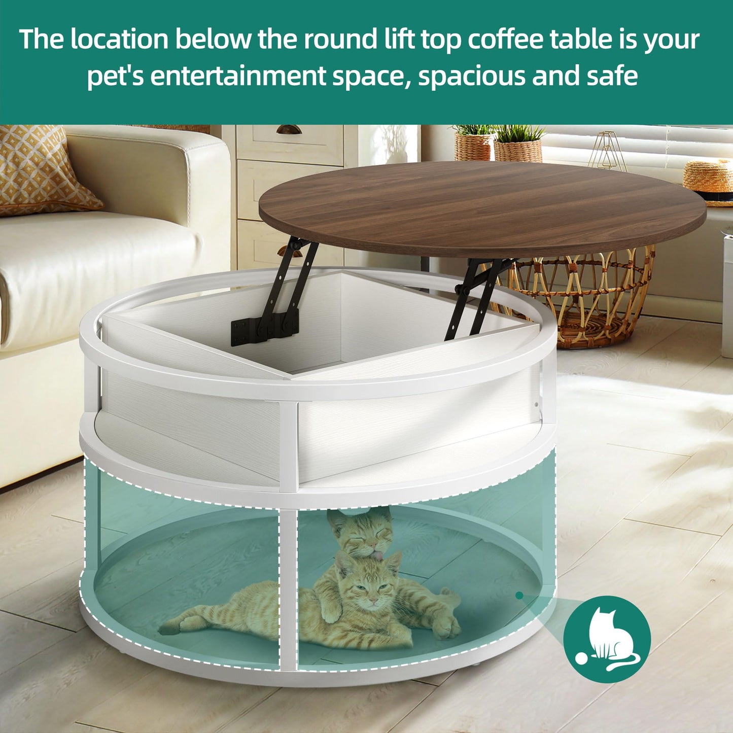 YITAHOME Round Lift Top Coffee Table, Coffee Tables for Living Room with Hidden Storage Compartment, Modern Coffee Table with Storage for Home Office,Round Center Tables Living Room,Brown and White