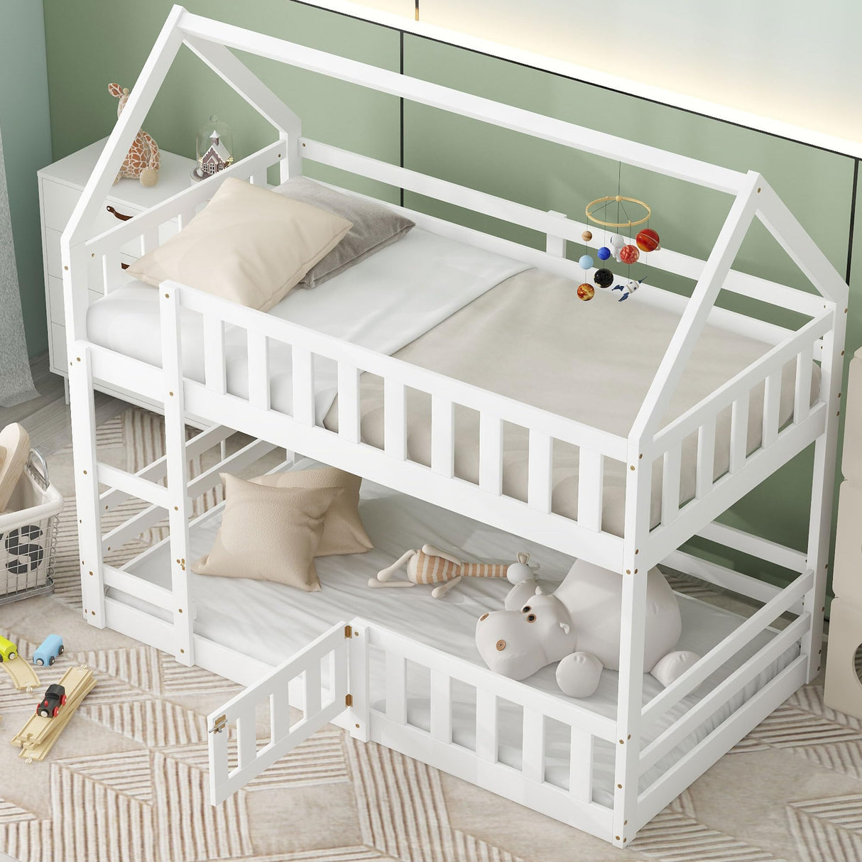 LOSTCAT Twin Over Twin House Bunk Bed with Fence & Door - Montessori Floor Bed for Kids in White LOSTCAT