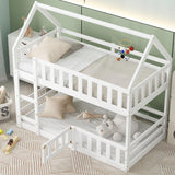 LOSTCAT Twin Over Twin House Bunk Bed with Fence & Door - Montessori Floor Bed for Kids in White LOSTCAT