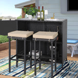 Patiomore 3-Piece Patio Outdoor Bar Set with Two Stools and Glass Top Table Patio Brown Wicker Furniture with Removable Cushions for Backyards, Porches, Gardens or Poolside Patiomore