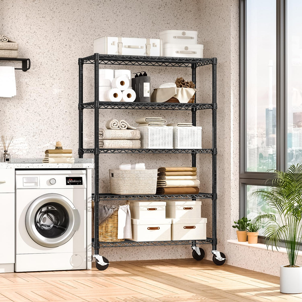 M MZG 5-Shelf Storage Shelves,Wire Shelving Heavy Duty Metal Storage Shelving Unit Adjustable Garage Shelving Rack Pantry Kitchen (Black, 5 Tier,17.7" D x 47.2" W x 76.7" H) M MZG