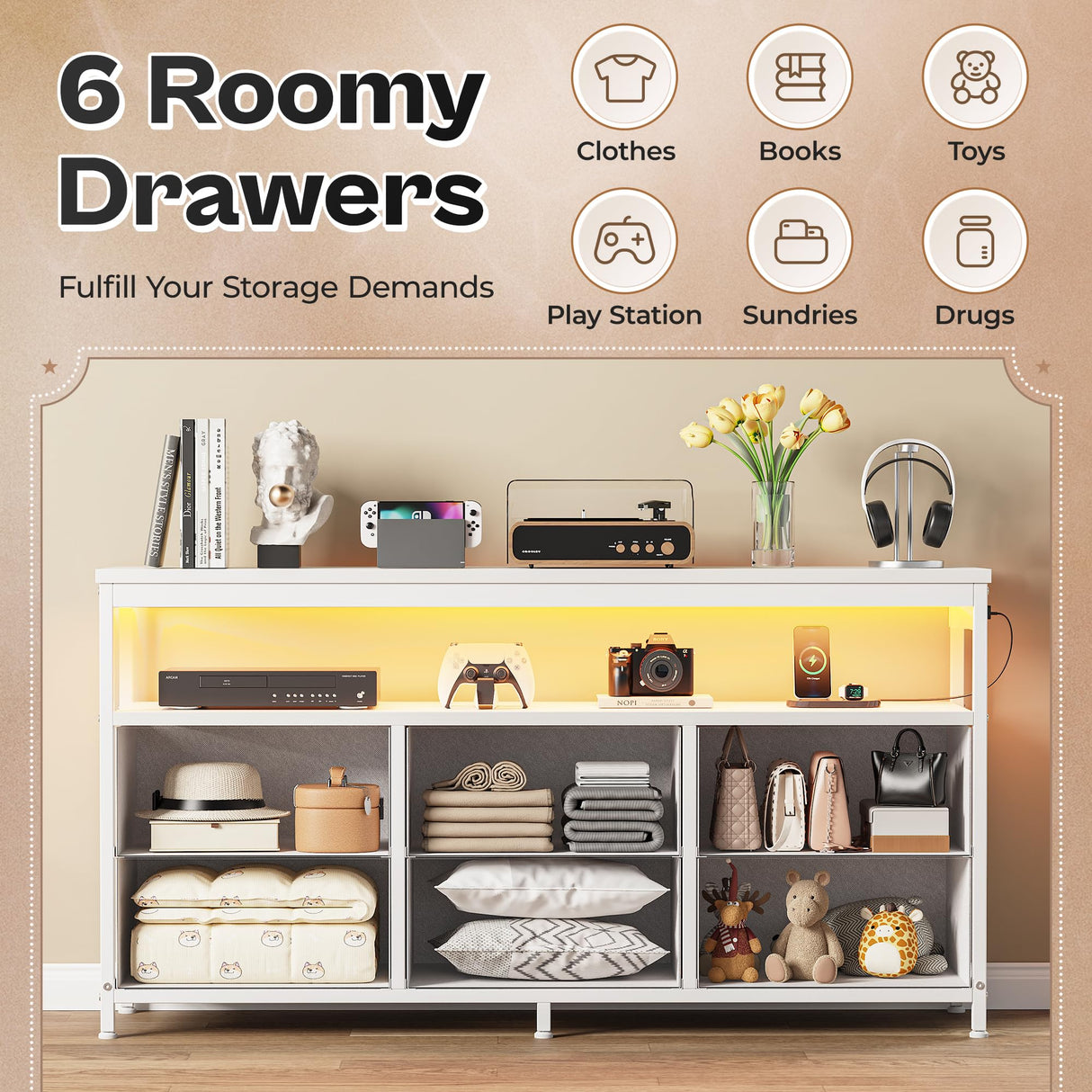 Huuger LED TV Stand for Bedroom, 47 Inch Dresser with Power Outlets, Entertainment Center for 55, 50, 43 Inch TV, 6 Drawer Dresser for Bedroom, Chest of Drawers with Open Shlef, PU Leather, White Huuger