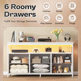 Huuger LED TV Stand for Bedroom, 47 Inch Dresser with Power Outlets, Entertainment Center for 55, 50, 43 Inch TV, 6 Drawer Dresser for Bedroom, Chest of Drawers with Open Shlef, PU Leather, White Huuger