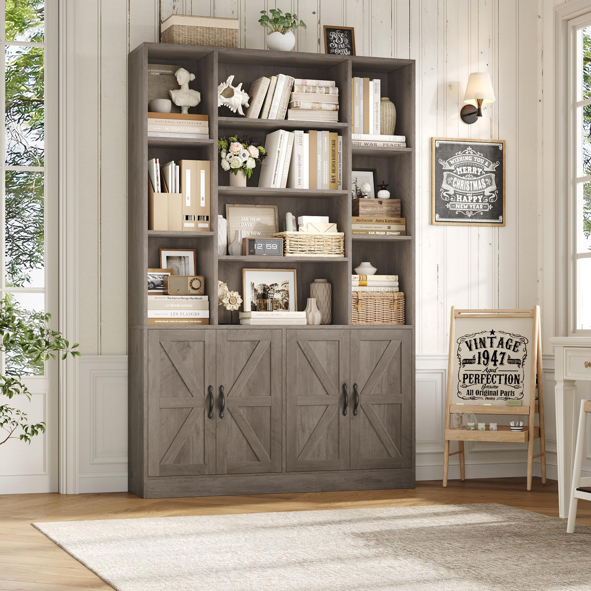 HOSTACK 75” Tall Book Shelf and Bookcase, Bookshelf with Storage Cabinet, 47” Wide Bookcase with 4 Doors, Standing Display Shelves, Modern Farmhouse Book Case for Living Room, Home Office, Ash Grey HOSTACK