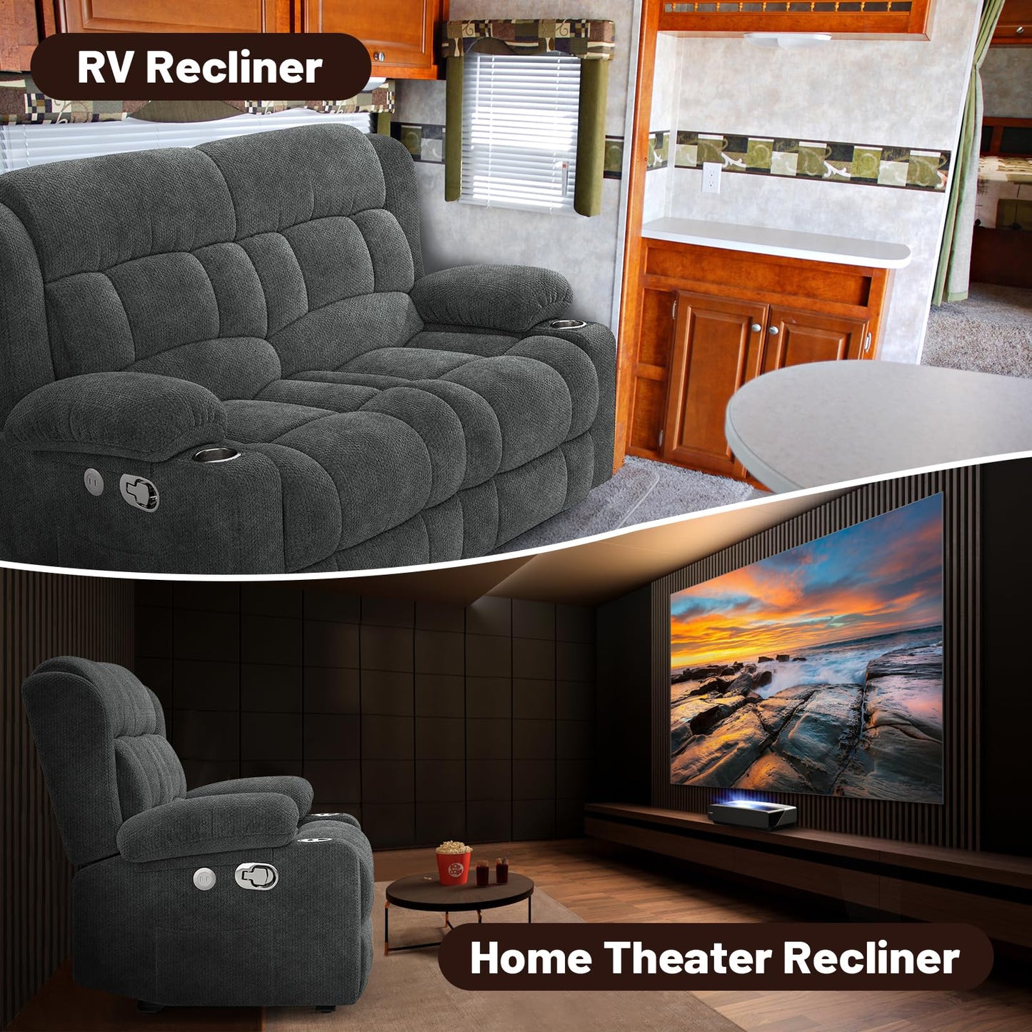 IROSTAE Loveseat Recliner Sofa, 2 Seater Minimalist Style Fabric Manual Pull Tab Reclining Loveseat with USB Charge Ports, Cup Holders, Recliner Love Seat Couches for Living Room, RV, Gray