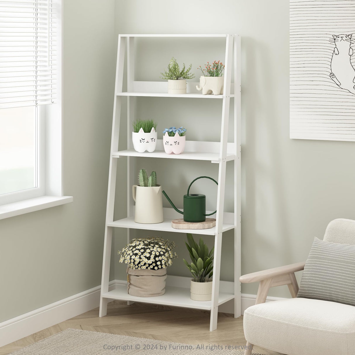 Furinno Ladder Display Shelf, 5-Tier Ladder Shelf, Ladder Bookshelf, Display Storage Shelves, 13 x 23.6 x 53.5, for Living Room, Home Office, White Furinno