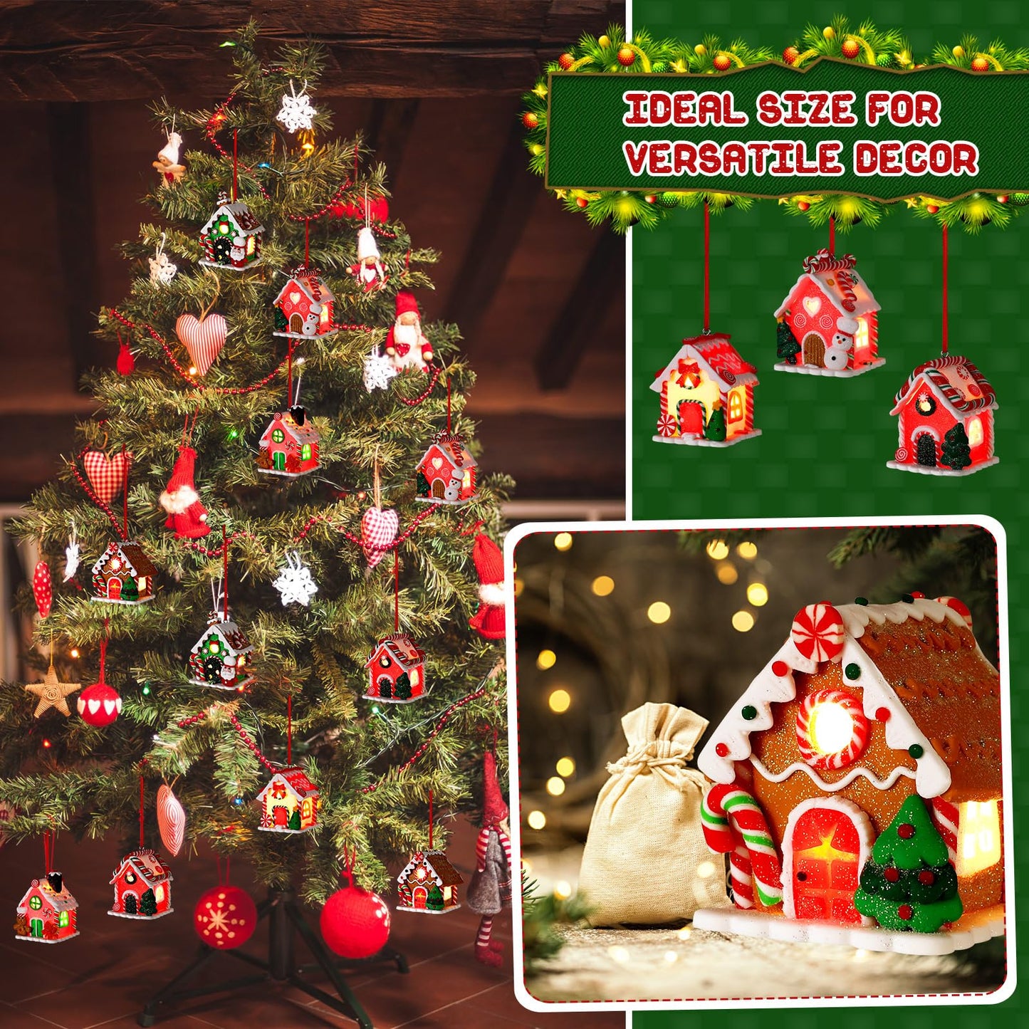 Thyle 12 Pieces Lighted Gingerbread House Ornament Glitter Holiday Christmas Tree Ornament Christmas LED Claydough Hanging Ornaments for Christmas Holiday Party Decoration