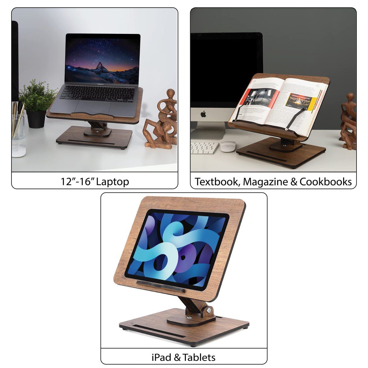 Vigo Wood Book Stand for Reading 360° Adjustable, Wooden Laptop Stand, Cookbooks Holder, Music Scores, Featuring Multi-Height Angles and Foldable Design with Page Clips. Vigo Wood