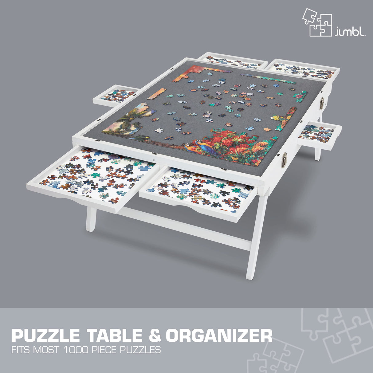 Jumbl Premium 1000-Piece Tilting Puzzle Board Rack w/Felt Surface 6 Removable Sorting Drawers Interlocking Cover | 23” x 31” Wooden Jigsaw Puzzle Table w/Legs | Reinforced Hardwood Construction Jumbl