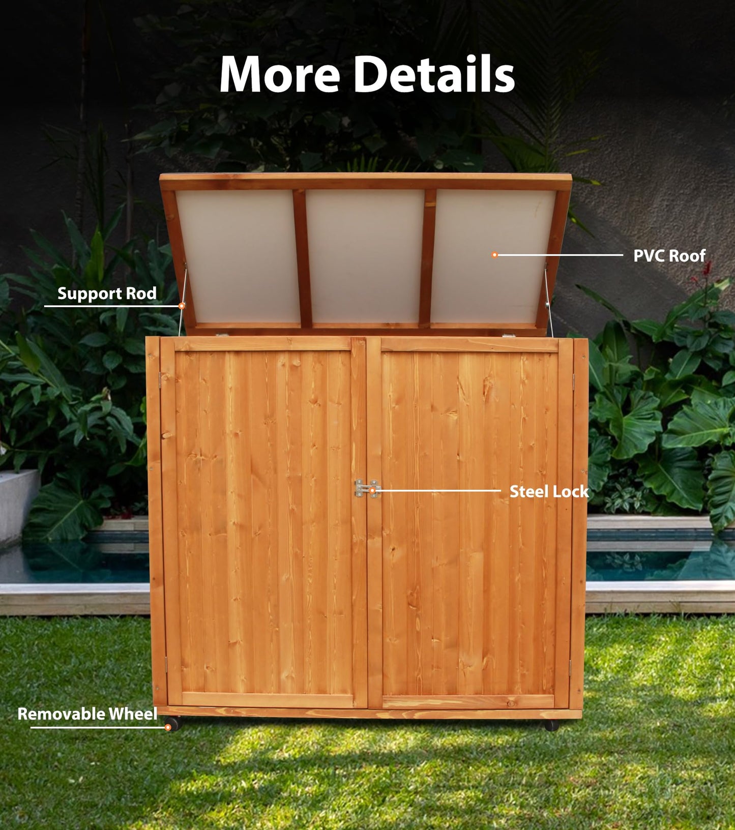 YTGLEN 4x2 FT Wooden Outdoor Trash Can with Lid, Horizontal Storage Shed with Lockable Door and Removable Wheel, Outdoor Storage Box for Patio Tools, Trash Cans, and Garden Accessories