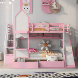 Full-Over-Full Bunk Bed, Castle Style Bunk Bed with 2 Drawers and 3 Shelves, Solid Wood Bunk Beds with Slide and Storage Staircase, Playhouse Low Bunk Bed for Kids Teens Boys Girls (Pink-O273) Aiuyesuo