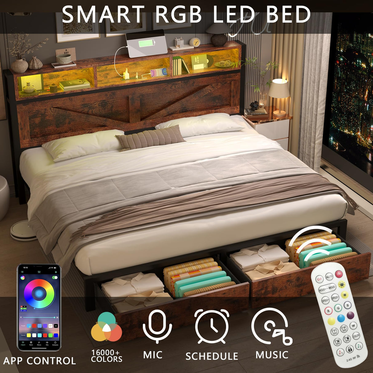 Farmhouse King Bed Frame with Bookcase Headboard and Storage Drawers, LED Lights and Charging Station, No Box Spring Needed, Noise Free, Rustic Brown Fastroby