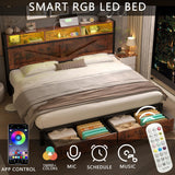 Farmhouse King Bed Frame with Bookcase Headboard and Storage Drawers, LED Lights and Charging Station, No Box Spring Needed, Noise Free, Rustic Brown Fastroby