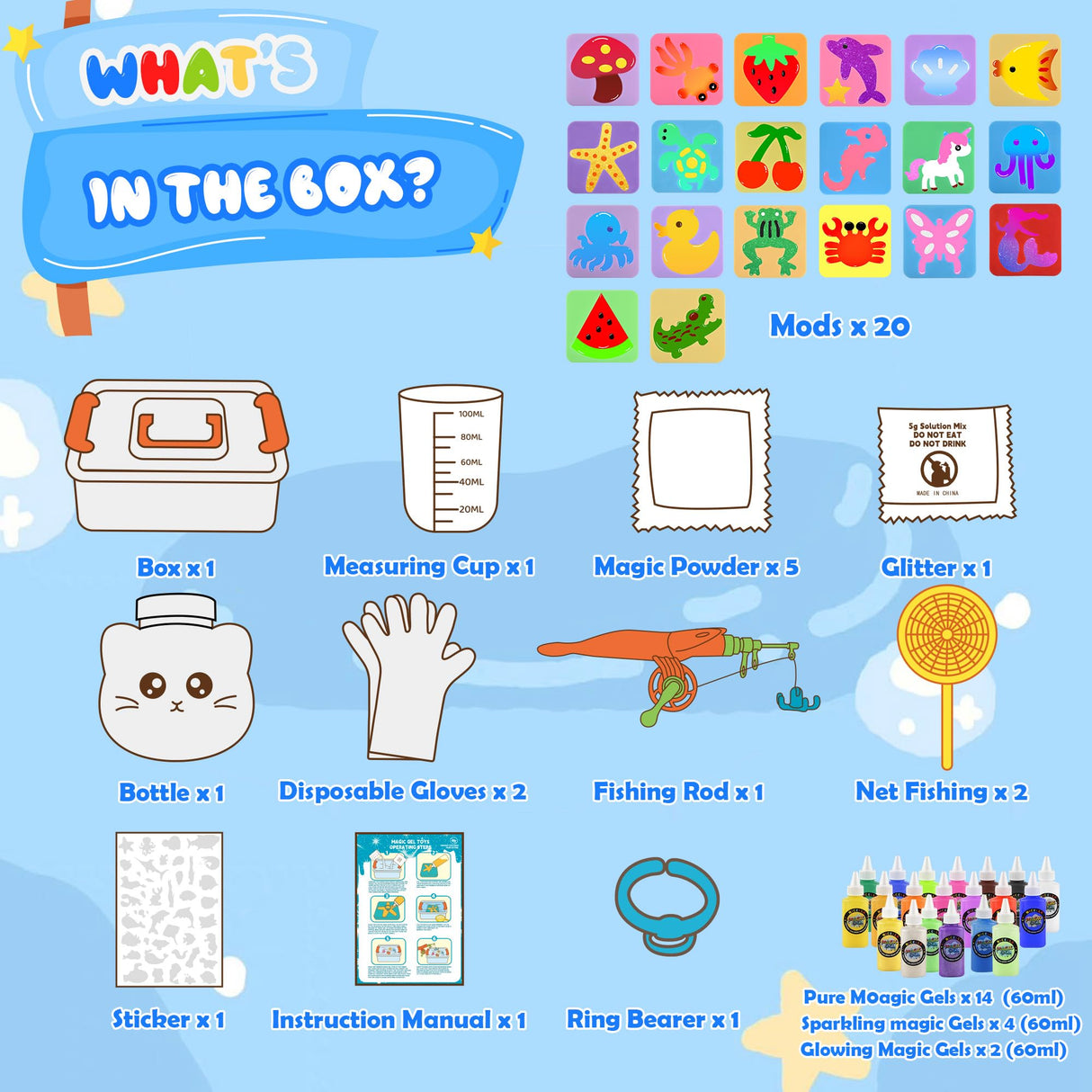 Nicella Magic Water Elf Toy Kit, Waters Pets, Aqua Water Gel with 20 Magic Gels and 20 Shape Molds, DIY Squishy Maker Kit, Kids Summer Crafts，Make Your Own Squishies Toys Crafts for Boys & Girls Nicella