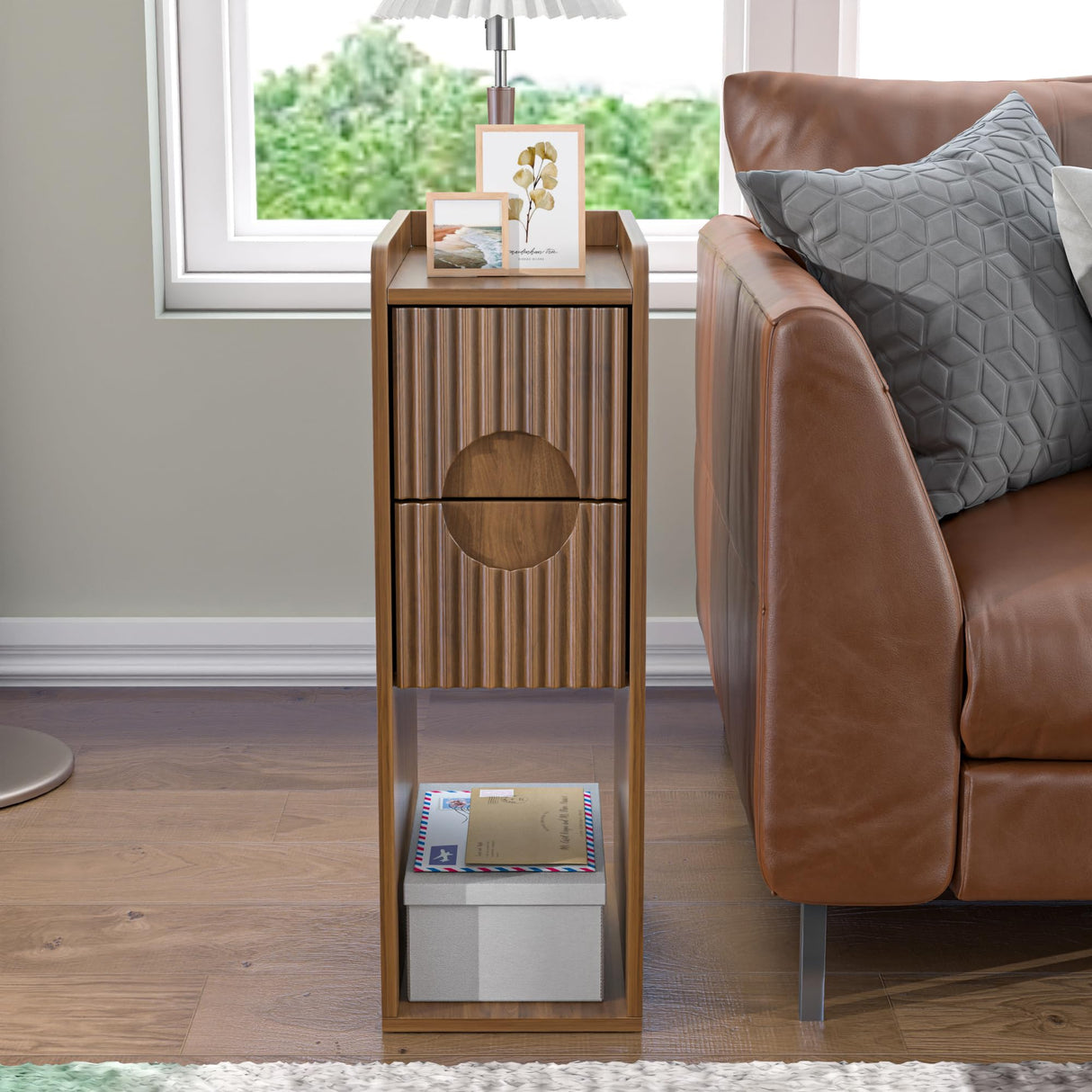 Narrow Fluted Nightstand Set of 2, Wooden Small 2 Drawer Nightstand, Slim Side End Table, Vintage Bedside Table, Mid Century Modern Night Stand with Drawers, for Living Room, Bedroom, Walnut Jluomei