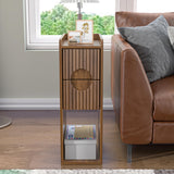 Narrow Fluted Nightstand Set of 2, Wooden Small 2 Drawer Nightstand, Slim Side End Table, Vintage Bedside Table, Mid Century Modern Night Stand with Drawers, for Living Room, Bedroom, Walnut Jluomei