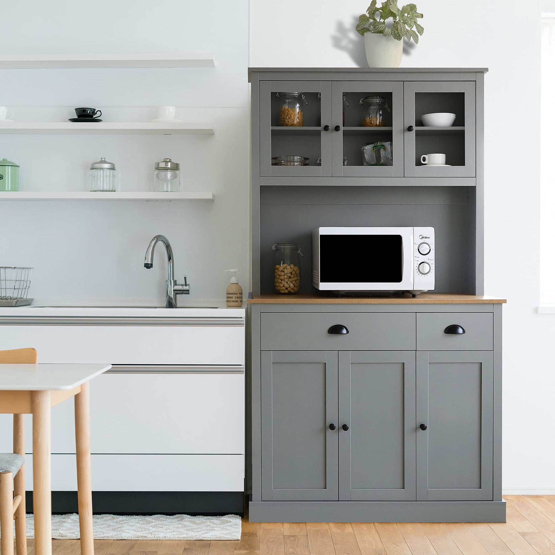 MUPATER Kitchen Pantry Storage Cabinet with Microwave Stand, 71'' Freestanding Hutch Cabinet with Buffet Cupboard, Drawers and Doors for Home, Grey - WoodArtSupply