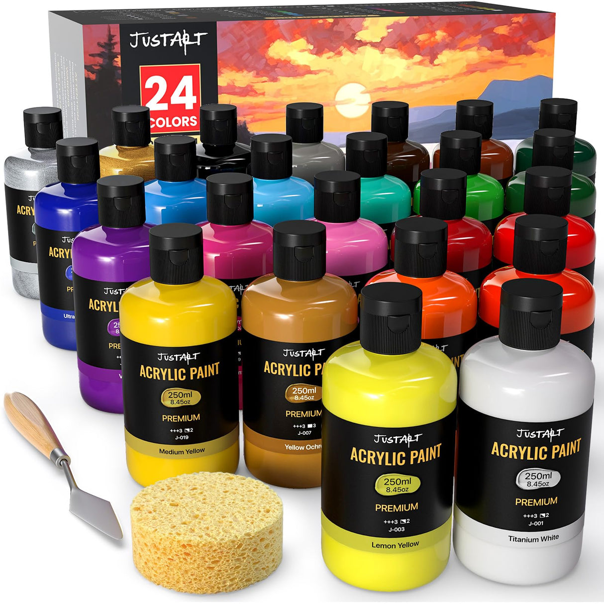 24 Colors Acrylic Paint Set 250 ml(8.45 oz) Large Bottles (Including Metallic Gold and Silver),Non Toxic Acrylic Paint Professional Craft Paint Kit High Viscosity No Fading Rich Pigment for Kids Adults Artists Canvas Crafts Wood Painting Supplies JusArt