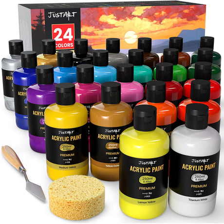 24 Colors Acrylic Paint Set 250 ml(8.45 oz) Large Bottles (Including Metallic Gold and Silver),Non Toxic Acrylic Paint Professional Craft Paint Kit High Viscosity No Fading Rich Pigment for Kids Adults Artists Canvas Crafts Wood Painting Supplies JusArt