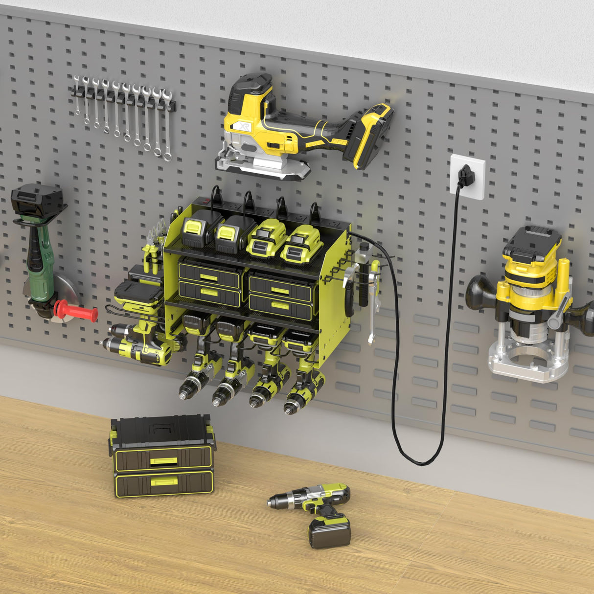 Wall Mount Drill Storage Rack with Charging Station Power Tool Organizer Drill Holder Drill Bit Organizer for Garage Workshop Holds 4 Drills with 8 Outlet Power Strip Christmas Gift(Green Three Layer) Luffioner