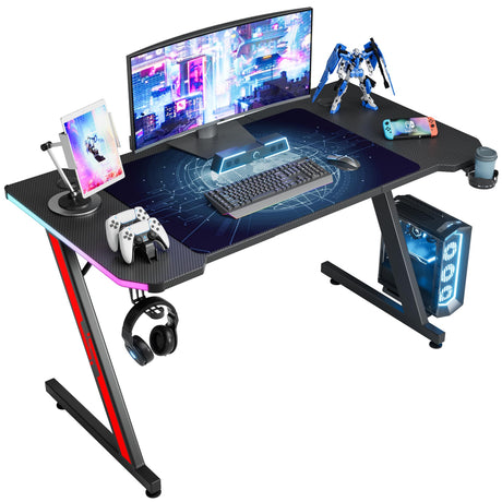Homall Gaming Computer Desk with Carbon Fiber Surface, Gaming Table Z Shaped Pc Home Office with Cup Holder&Headphone Hook(55 in, Black, Led Light) Homall