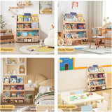 Himold Wooden Kids Bookshelf, Book Shelf for Kids Rooms w/Scalloped Edges, Durable Childrens Bookshelf with 3 Cube Bins for Books & Toys - Toddler Montessori Bookcase Nursery Himold