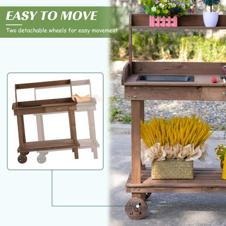 Outsunny 36'' Wooden Potting Bench Work Table with 2 Removable Wheels, Sink, Drawer & Large Storage Spaces, Brown Outsunny