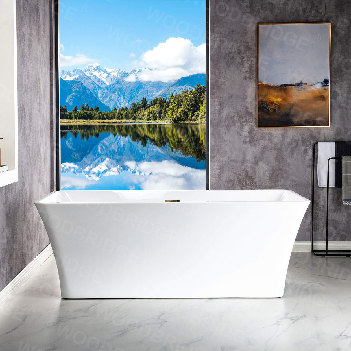 WOODBRIDGE 67" Acrylic Freestanding Bathtub Contemporary Soaking White Tub with Brushed Gold Overflow and Drain，BTS1609 -BG-Drain &O WOODBRIDGE