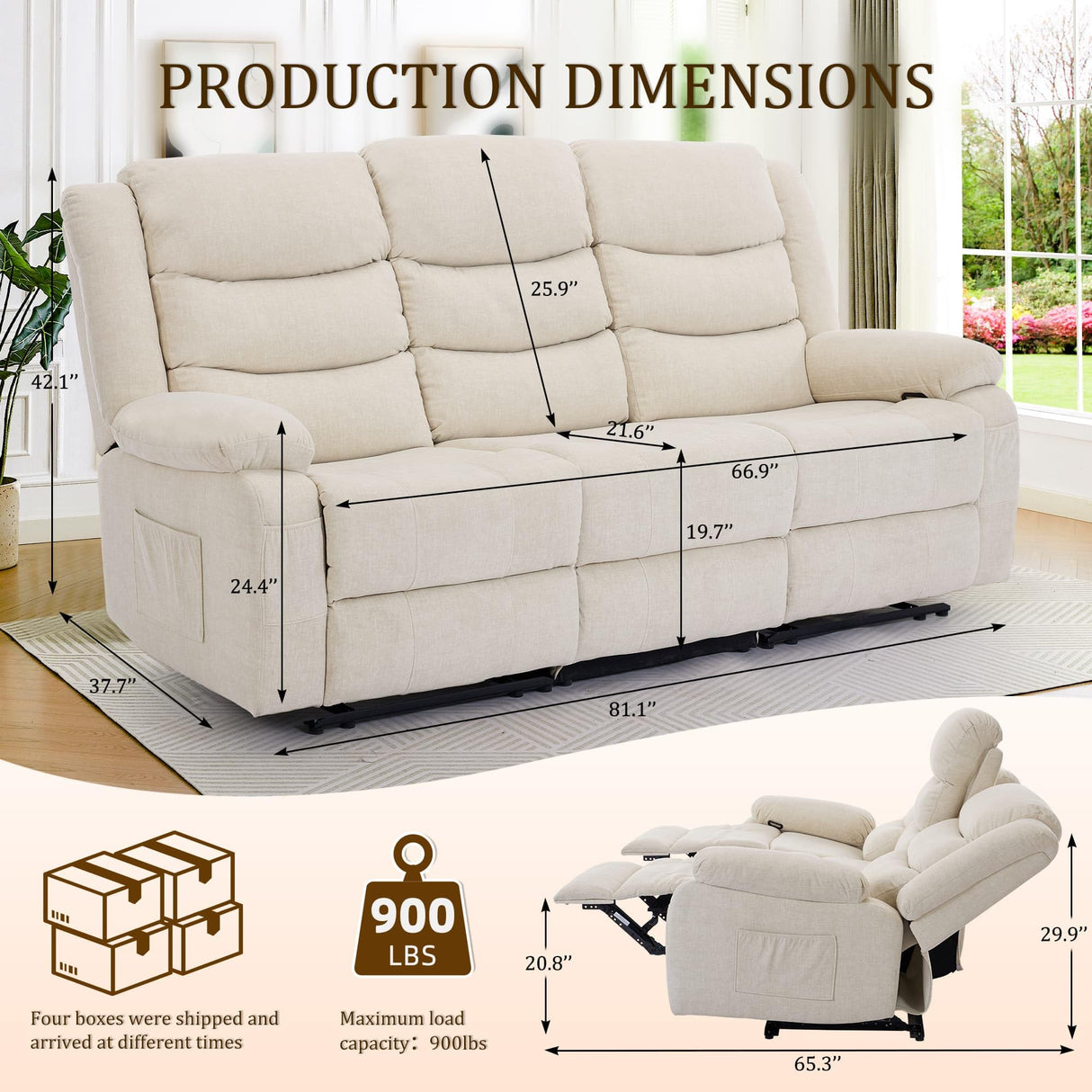 Korser Recliner Sofa, Recliner Loveseat with Console, Oversized Recling Couch with Pull-Down Table, 3-Seater Sofa with Cup Holders and Recessed Power Strip, Beige Korser