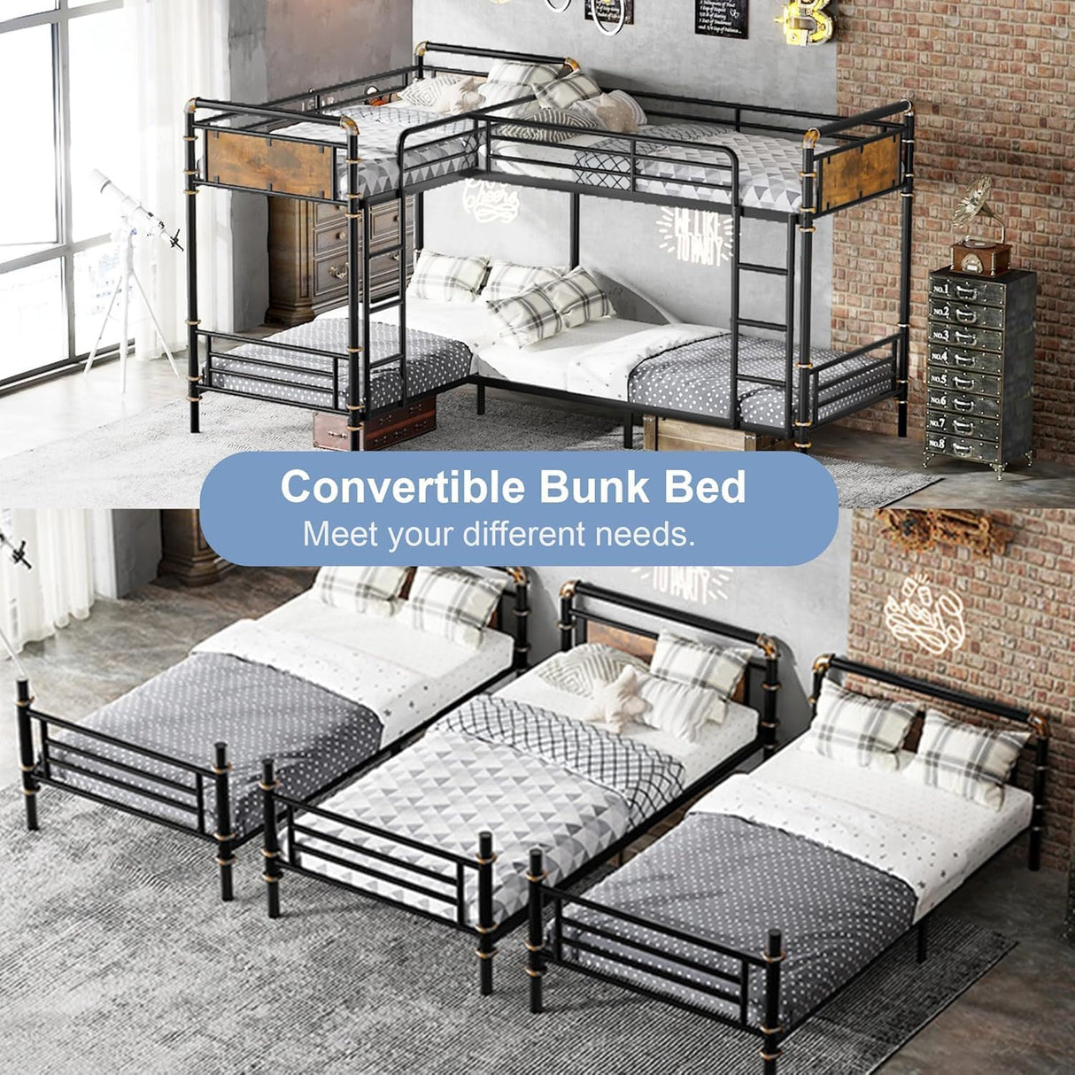 Duxelifin Quad Bunk Bed for 4, Metal L-Shaped Bunk Bed Frame, Twin 4 Bunk Beds for Kids, Industrial Bunk Frame Detachable Corner 4 Bunk Bed with Comfort Rungs for Teens Girls Boys（Black Duxelifin