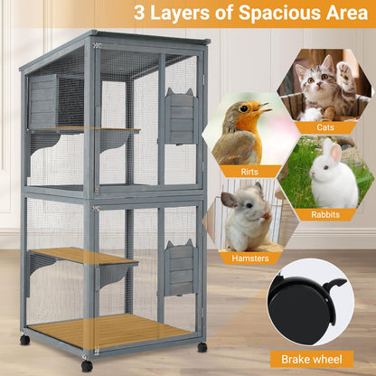 GarveeLife Large 2-Tier Outdoor Cat House, Small Animal Enclosure with 2 Lockable Doors, Catio with Waterproof Cover and Sunshine Panel Roof, Portable Kitty House with Resting Boxes & Fixable - WoodArtSupply