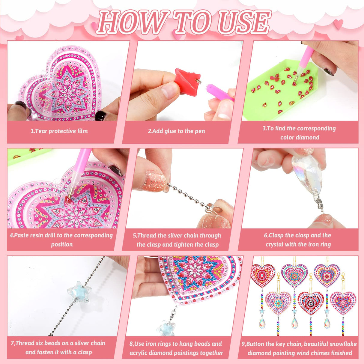 Perthlin 6 Pieces Pink Heart Diamond Art Kits Double Sided Heart Suncatchers Wind Chimes Diamond Art Ornaments for Craft Gifts Hanging Accessories Perthlin