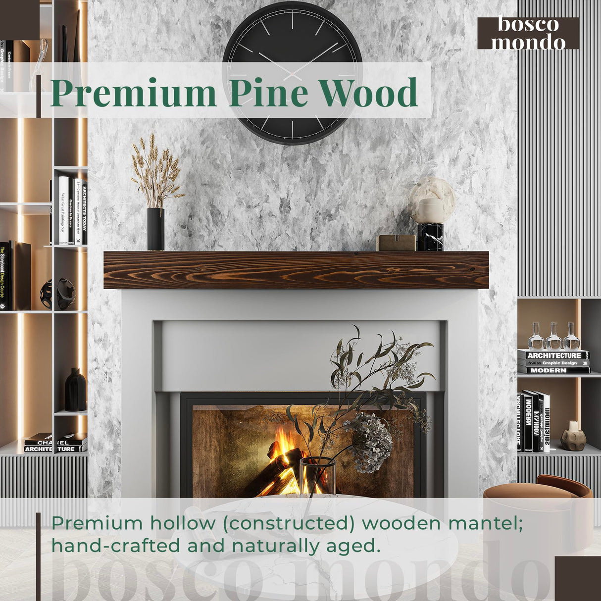 BoscoMondo Fireplace Mantel, Handcrafted Rustic from Solid Pine, Wall-Mounted Floating Farmhouse Shelf - 8"x6", 66" Brown BoscoMondo