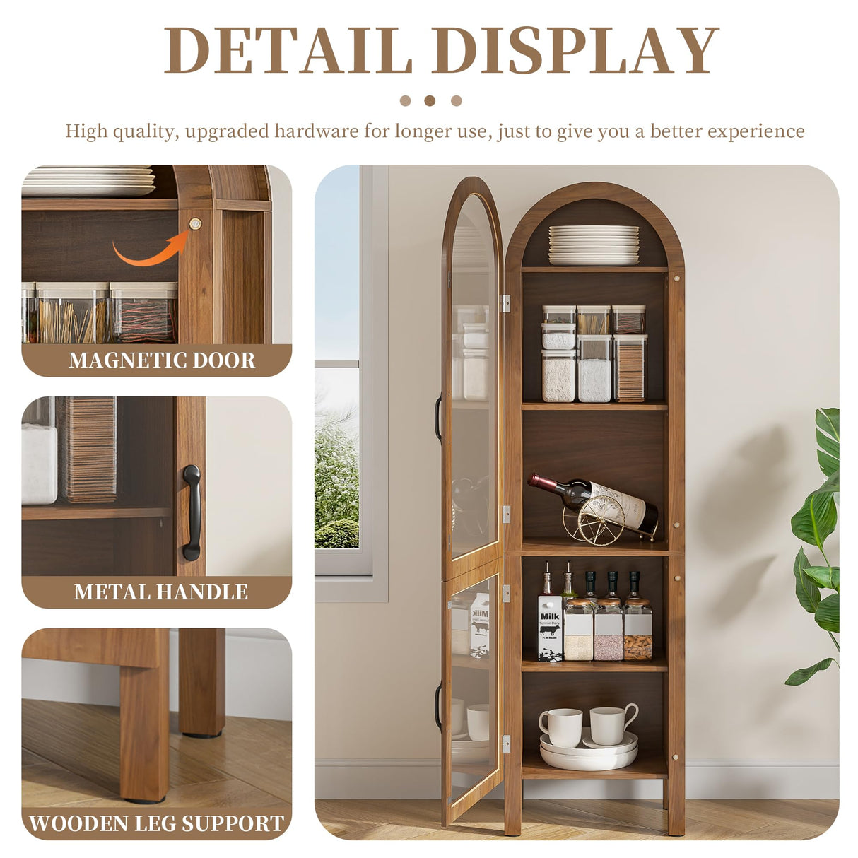 Lxsxhome 64.17'' Tall Arched Modern Walnut Display Cabinet with Acrylic Glass Doors, 5-Tier Kitchen Pantry Storage Cabinet, Bookcase for Living Dining Room Lxsxlome