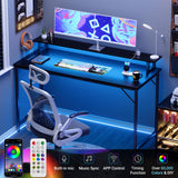 iSunirm 47 inch Computer Desk with Power Outlets, Gaming Desk with LED Lights, Home Office Work Desk with Monitor Shelf, Modern Office Desk Study Writing Table for Small Spaces, Black iSunirm