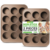 NutriChef Muffin Pans for Baking, Nonstick 2-Piece Cupcake Tin w/ 12-Cups, Carbon Steel Stackable Cup Cake Tray, Dishwasher Safe - Gold NutriChef