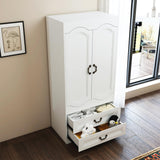 Janmer Home Armoire Wardrobe Closet with 2 Drawers, Tall Wooden Wardrobe Closet with 2 Doors and Hanging Rail, Free Standing White Armoire for Bedroom (Retro, White) Janmer Home