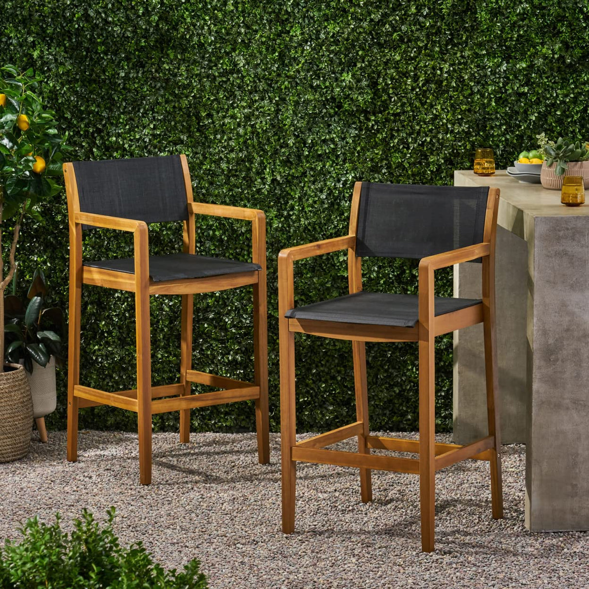 Christopher Knight Home Calista Acacia Wood Barstools with Outdoor Mesh (Set of 2), Teak and Black Christopher Knight Home