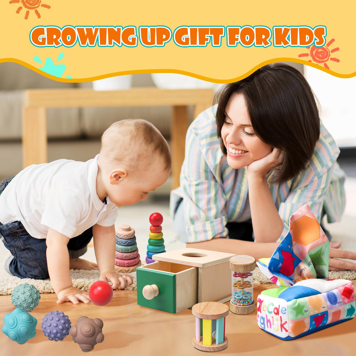Montessori Toys for Babies 6-12 Months,1 Year Old,8 in 1 Learning Educational Set Wooden Sensory Toys for Baby Toys 12-18 Months (Includes Tissue Box Toy,Rainmaker and More) Tooysea